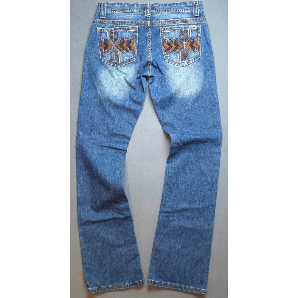 Cruel Denim Jeans Aztec Embroidered Tribal Womens 33x34.5 Straight Leg Low Rise